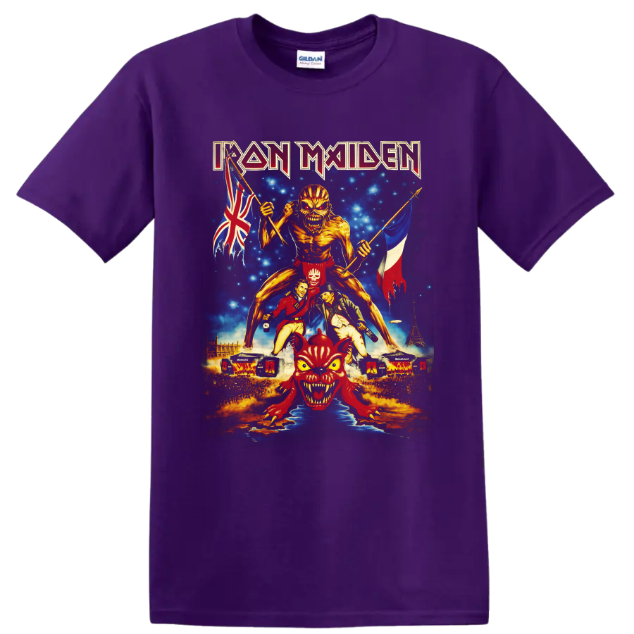 Iron Maiden Eddie Book of Souls tour art with British and French flags and Paris skyline on a Purple T Shirt