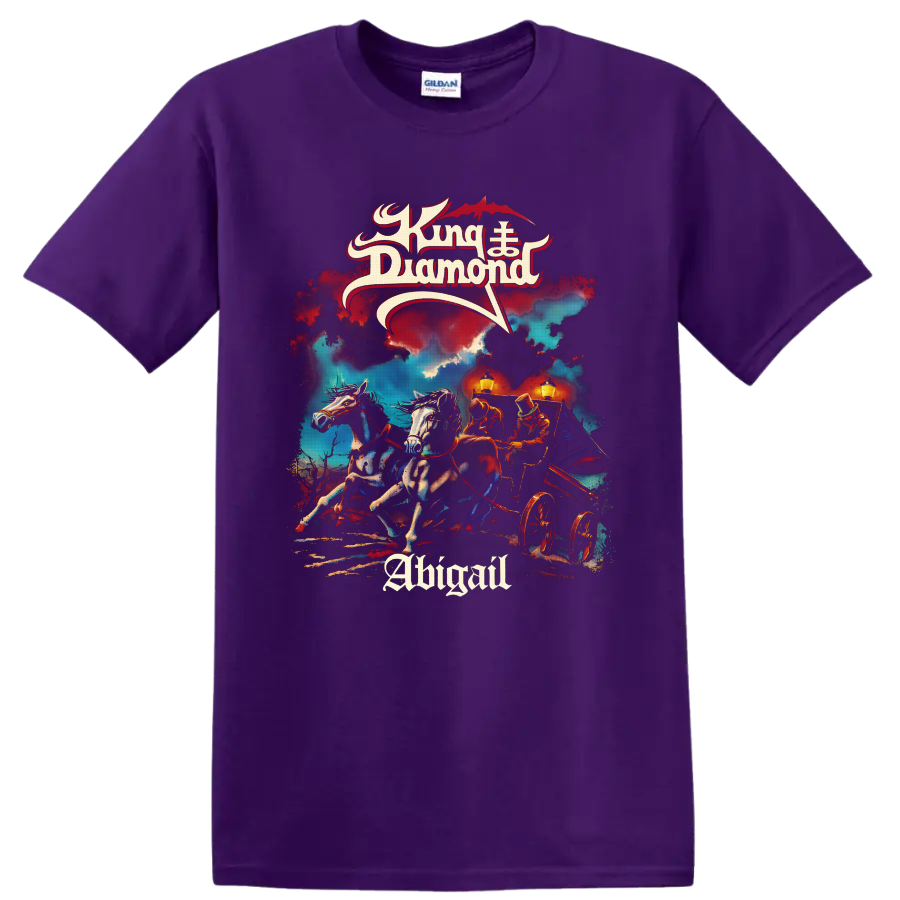 King Diamond Abigail gothic horse-drawn carriage artwork with storm clouds and lanterns on a Purple T Shirt