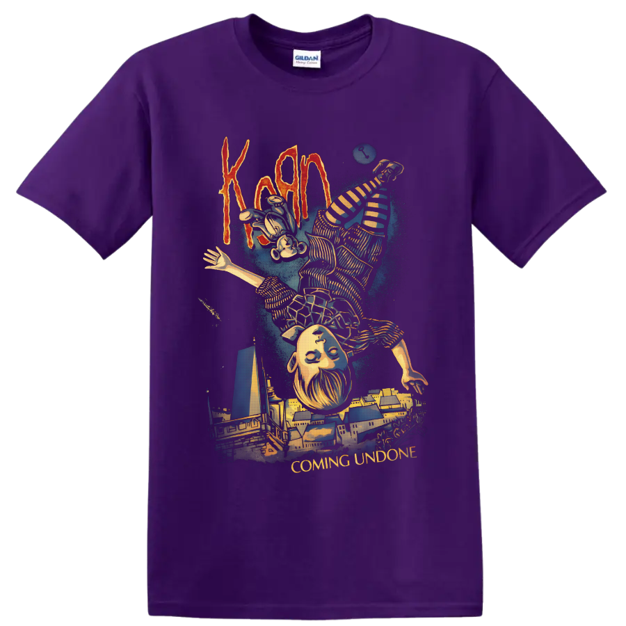 Korn Coming Undone art with upside-down striped figure and surreal cityscape on a Purple T Shirt