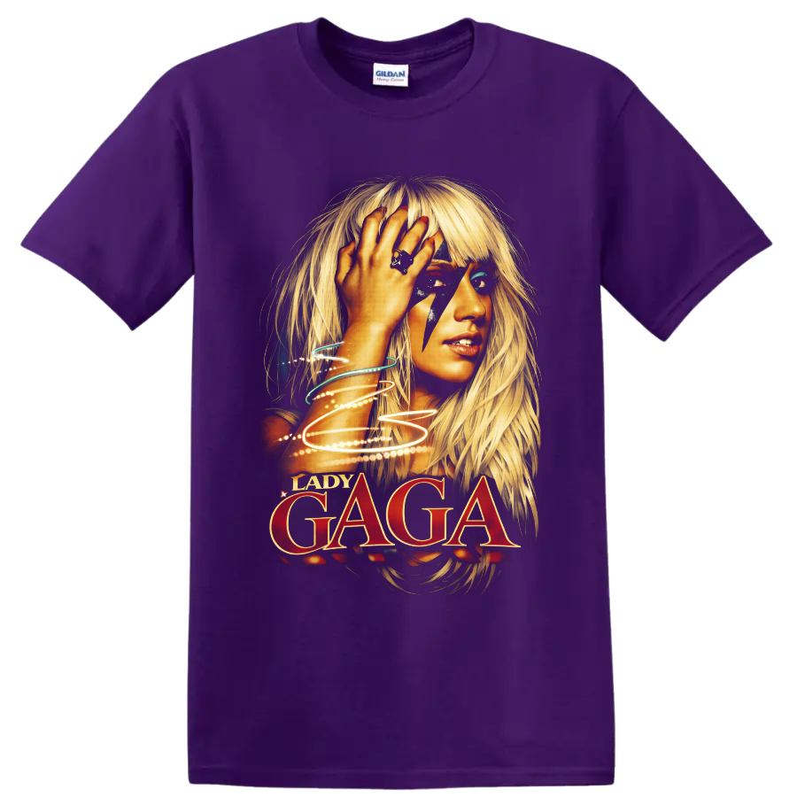 Lady Gaga portrait with lightning makeup, glowing light trails, and bold red lettering on a Purple T Shirt