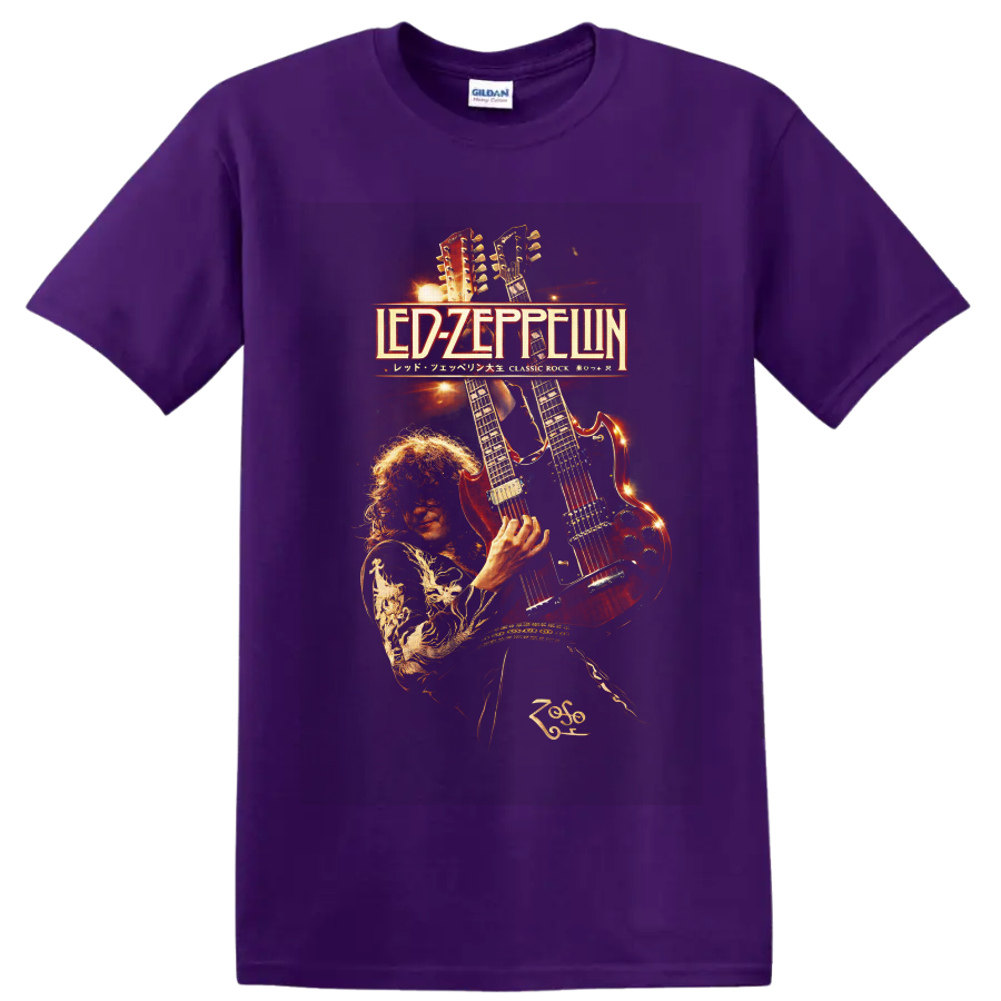 Jimmy Page with double-neck guitar in fiery Led Zeppelin concert poster art on a Purple T Shirt