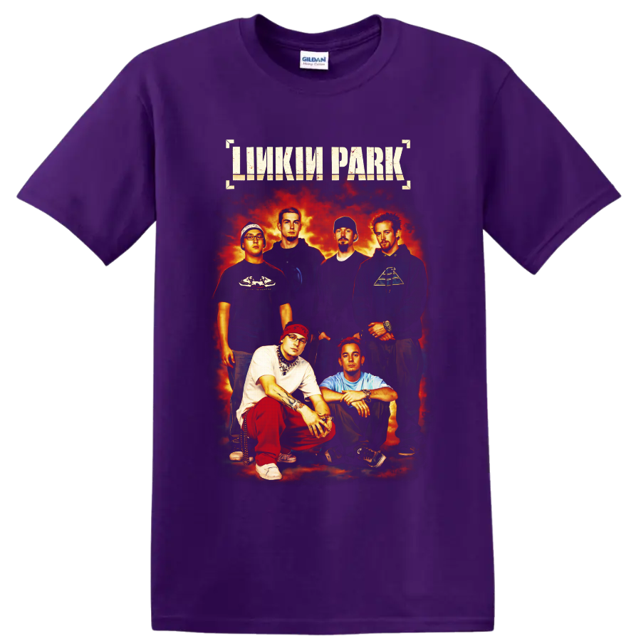 Linkin Park six-member portrait with distressed lettering and fiery rock poster backdrop on a Purple T Shirt