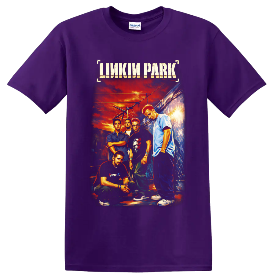 Linkin Park band portrait with distressed logo, urban alley, power lines, and fiery sunset on a Purple T Shirt