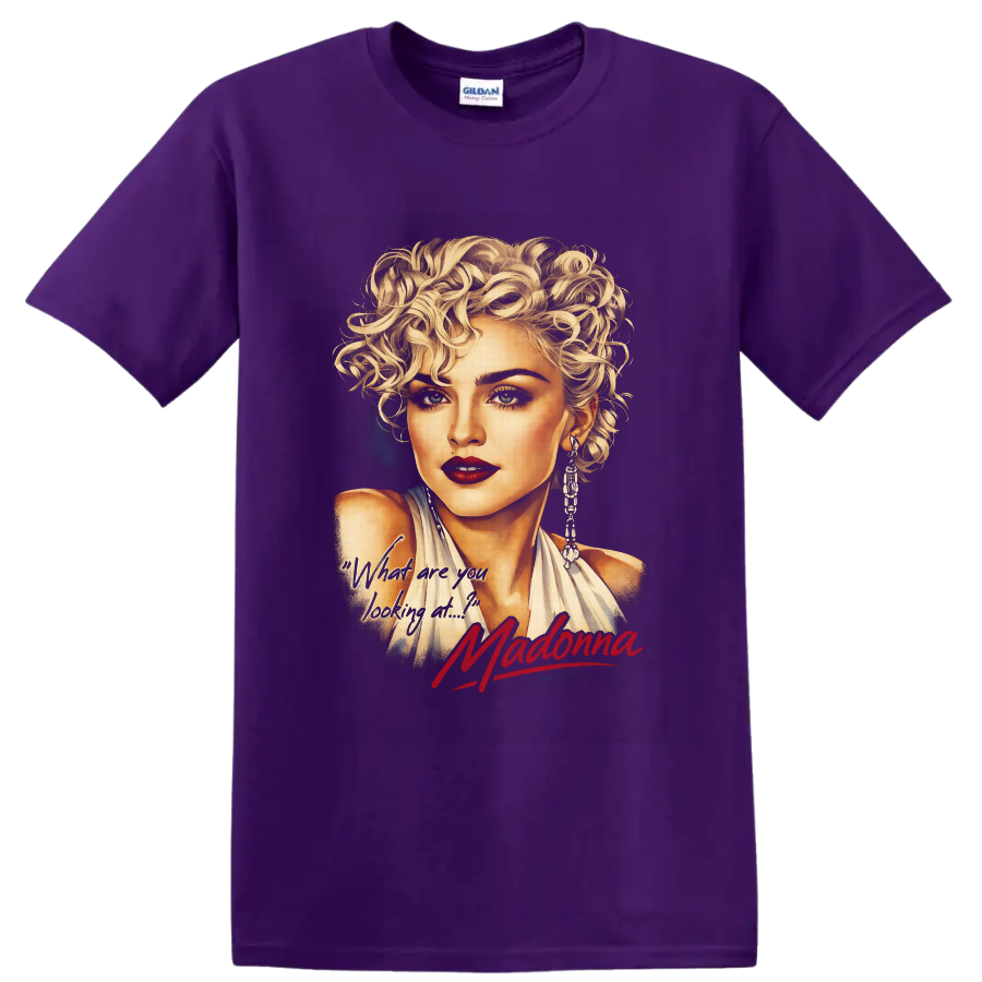 Madonna blonde glamour portrait with red signature and handwritten phrase on a Purple T Shirt