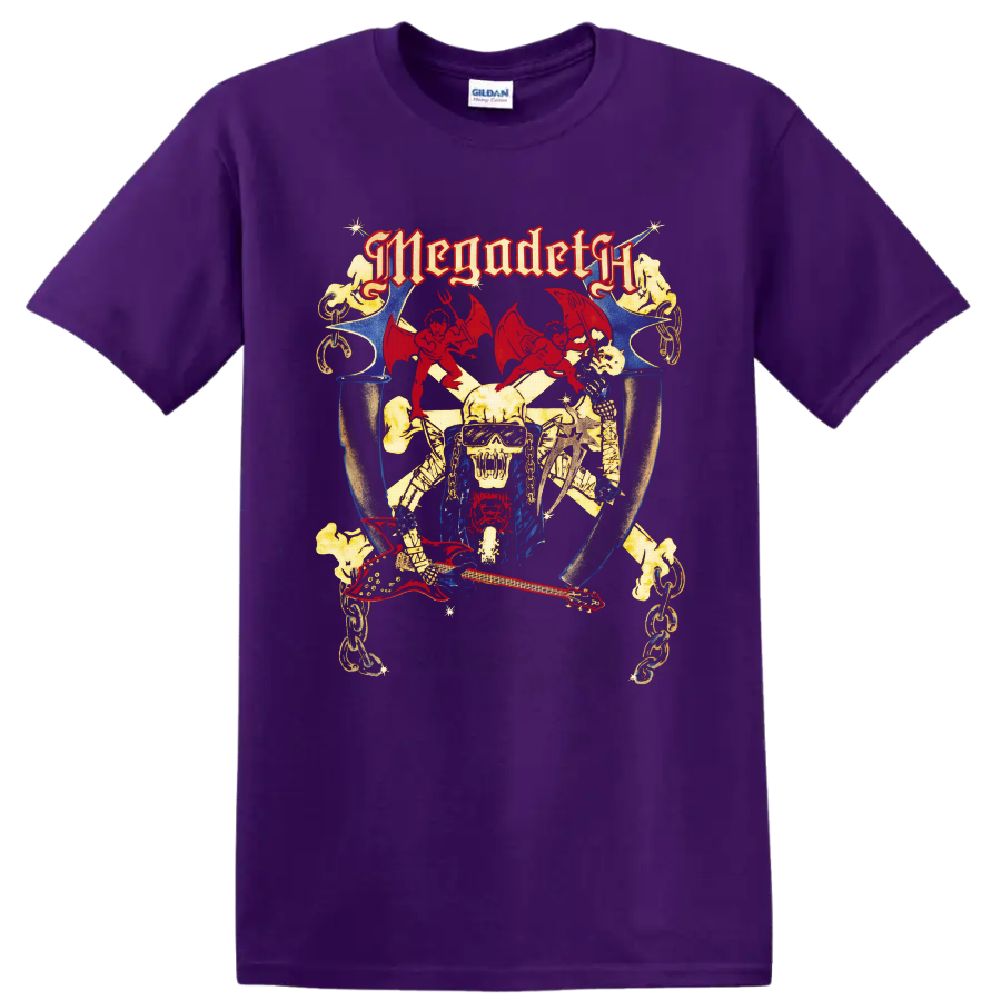 Megadeth Vic Rattlehead vintage metal art with red guitar, chains, demons, and skull on a Purple T Shirt