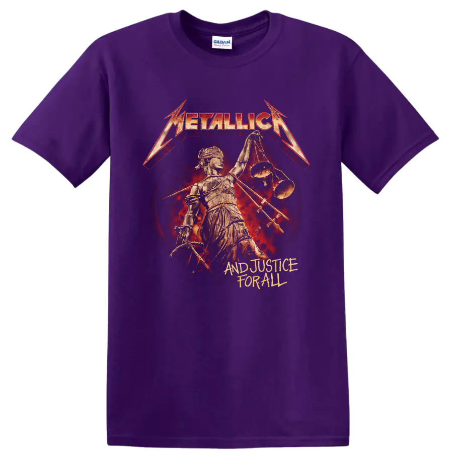 Metallica And Justice for All Lady Justice scales distressed album artwork on a Purple T Shirt