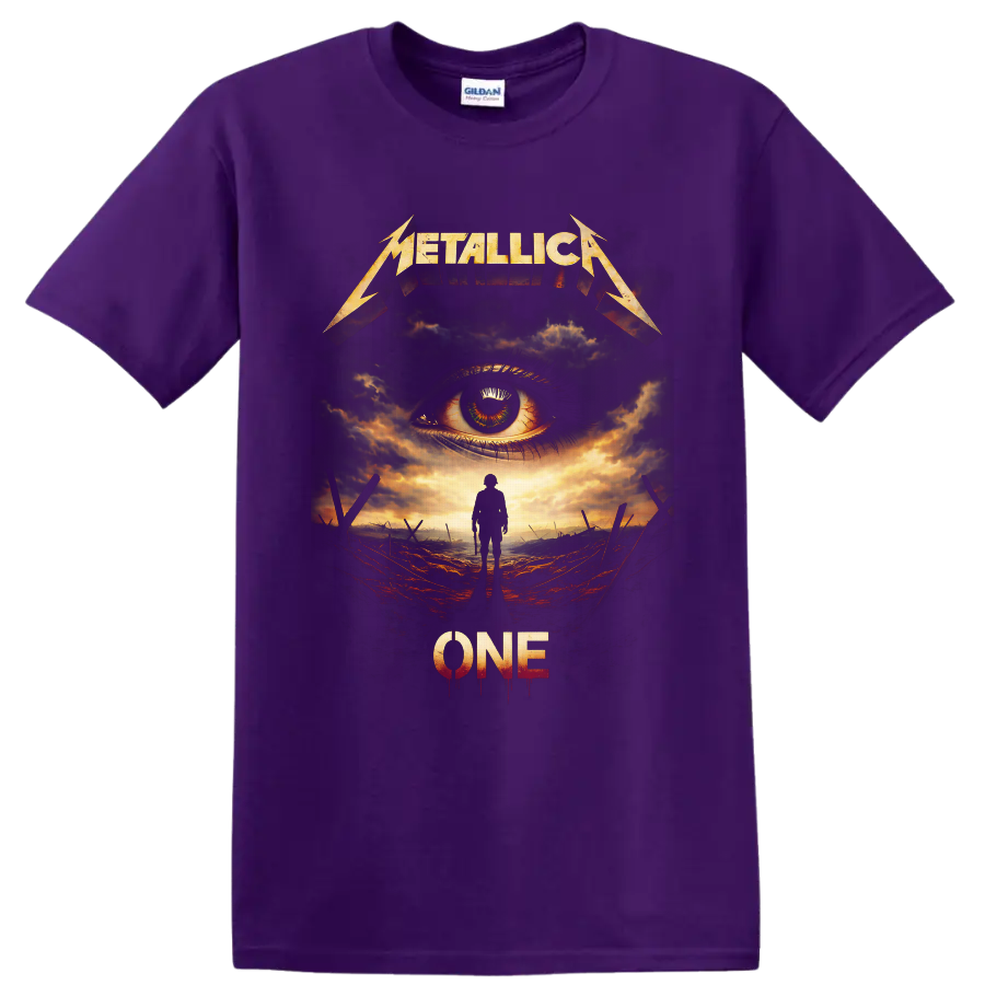 Metallica One distressed graphic with soldier, watchful eye, storm clouds, and battlefield on a Purple T Shirt