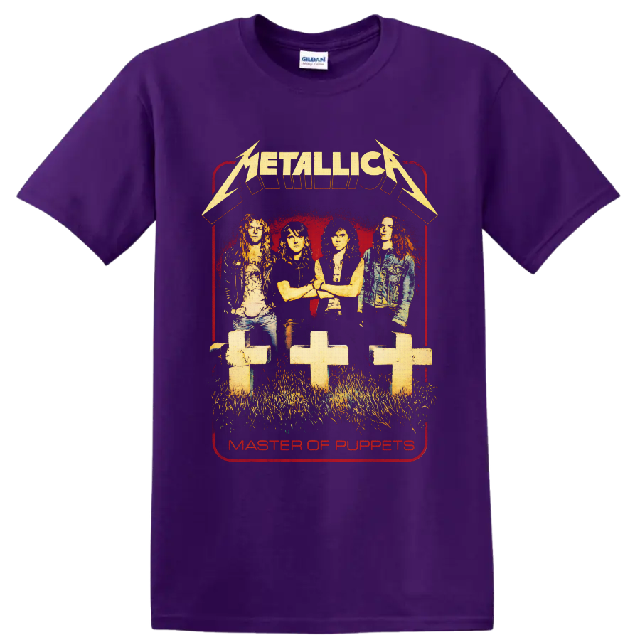 Metallica Master of Puppets band portrait with graveyard crosses and distressed logo on a Purple T Shirt