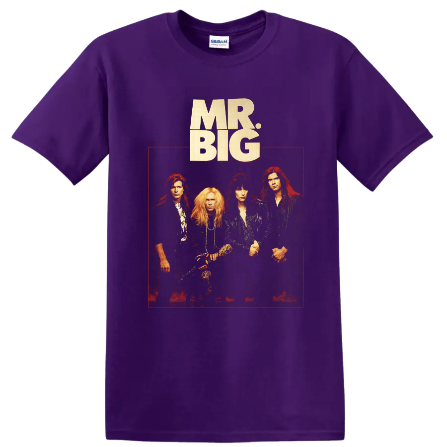 Mr. Big four-member hard rock portrait with cream logo and red concert-poster frame on a Purple T Shirt