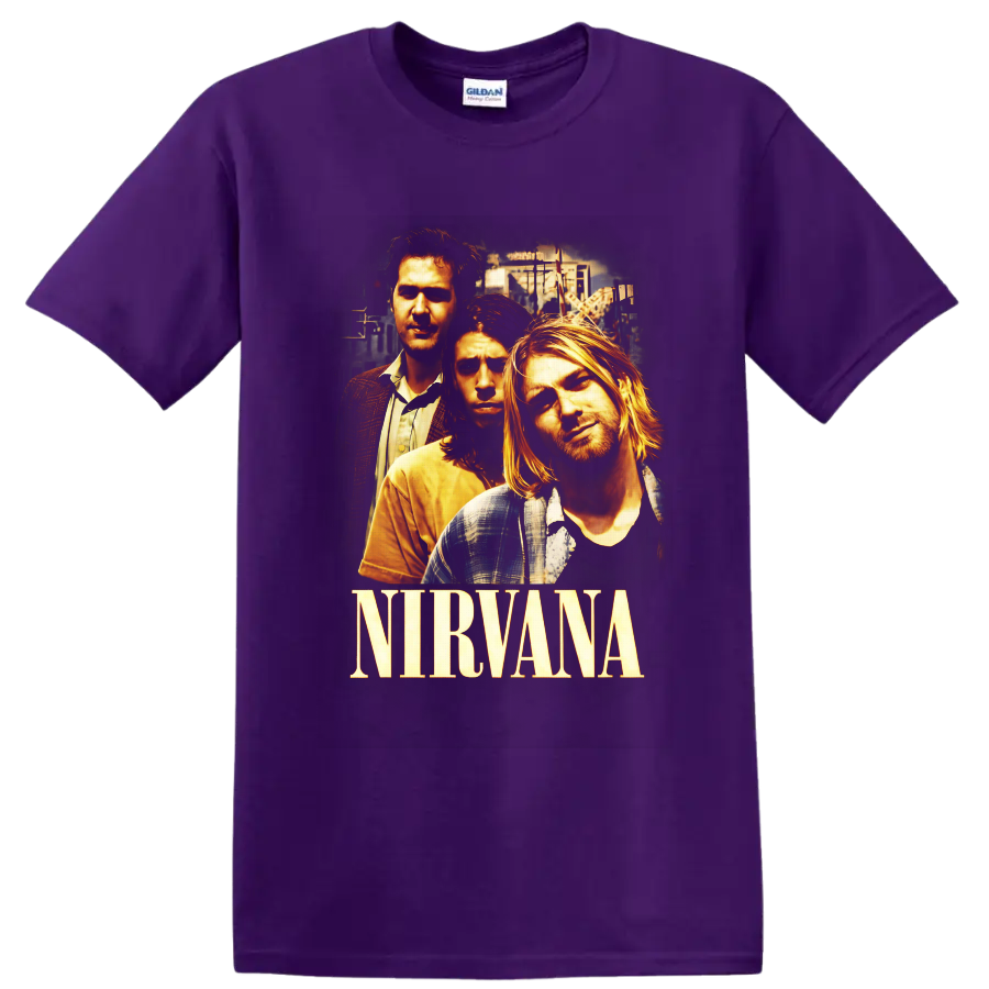 Nirvana portrait graphic with Kurt Cobain, Dave Grohl, Krist Novoselic, and band lettering on a Purple T Shirt
