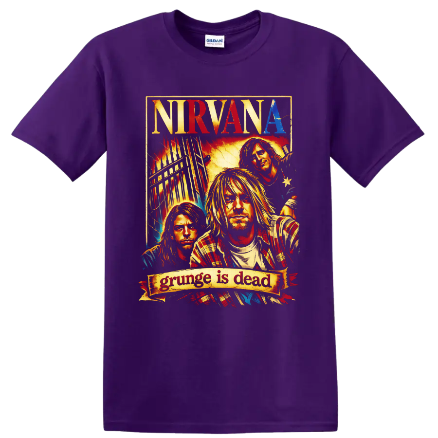 Nirvana grunge poster portrait of Kurt Cobain, Dave Grohl, and Krist Novoselic on a Purple T Shirt