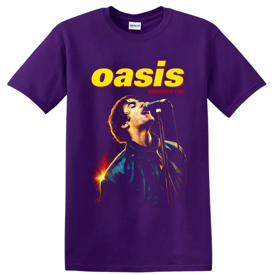 Liam Gallagher singing in Oasis Knebworth 1996 vintage concert poster design on a Purple T Shirt