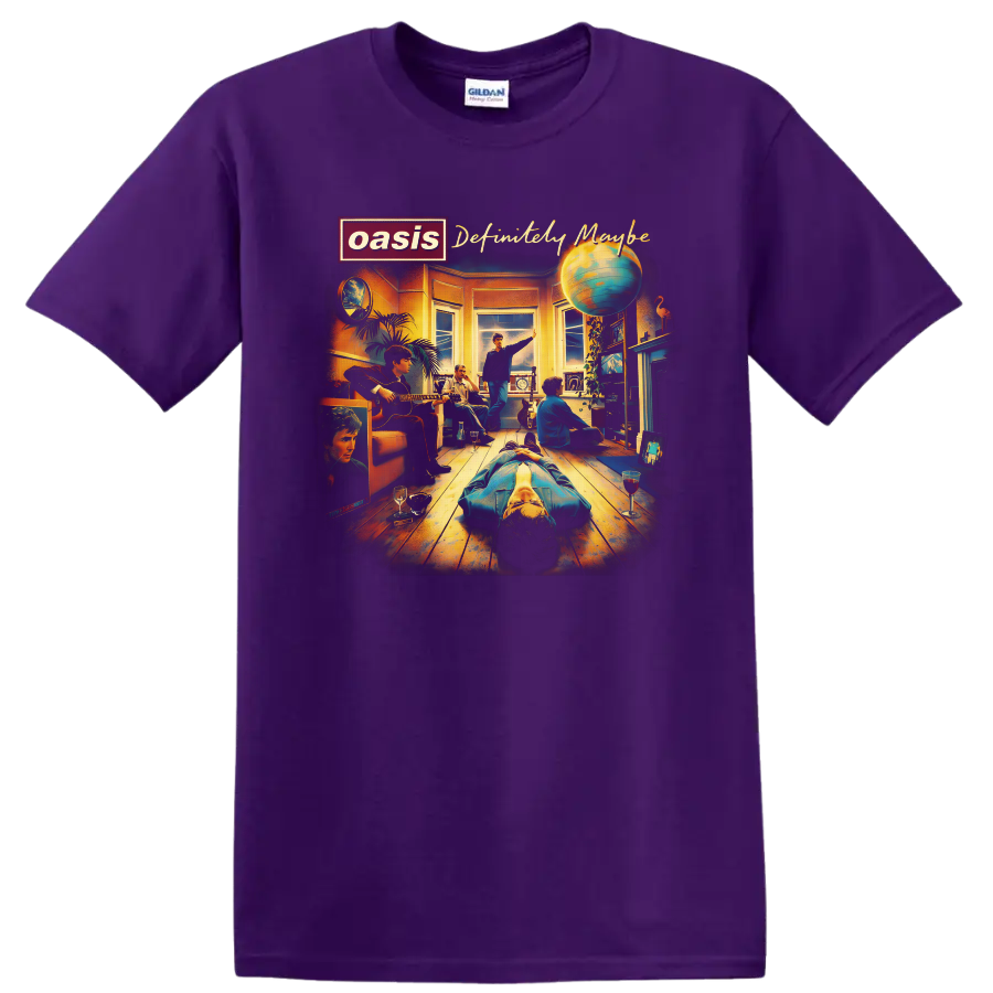 Oasis Definitely Maybe album cover illustration with band room scene and globe on a Purple T Shirt