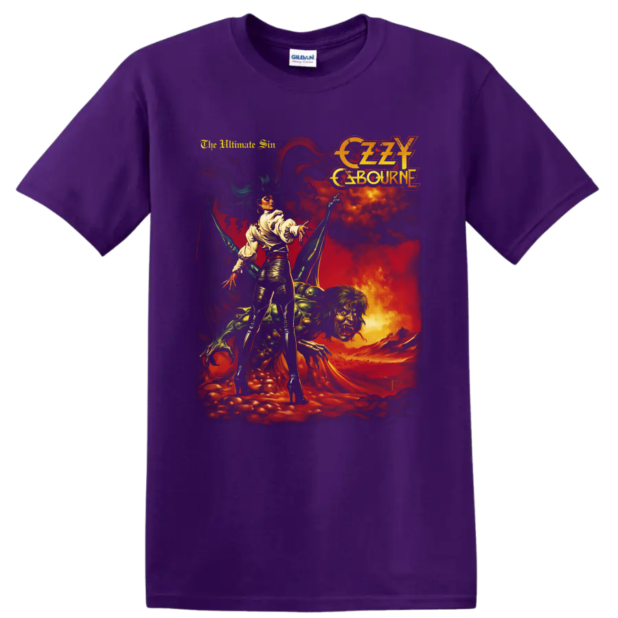 Ozzy Osbourne The Ultimate Sin gothic demon artwork with fiery vintage rock imagery on a Purple T Shirt