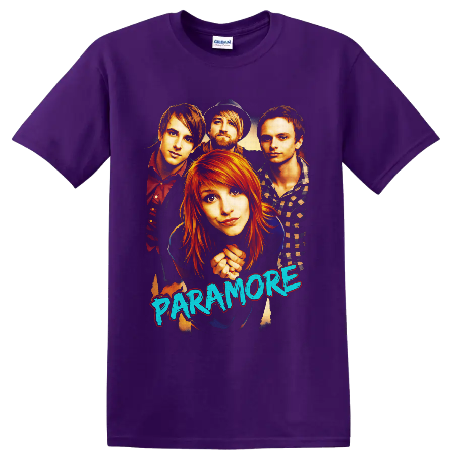 Paramore band portrait with Hayley Williams, Taylor York, Zac Farro, and blue lettering on a Purple T Shirt