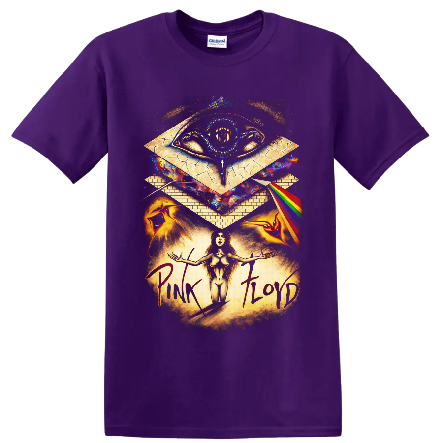 Pink Floyd-inspired psychedelic prism eye, rainbow beam, and surreal cosmic rock collage on a Purple T Shirt