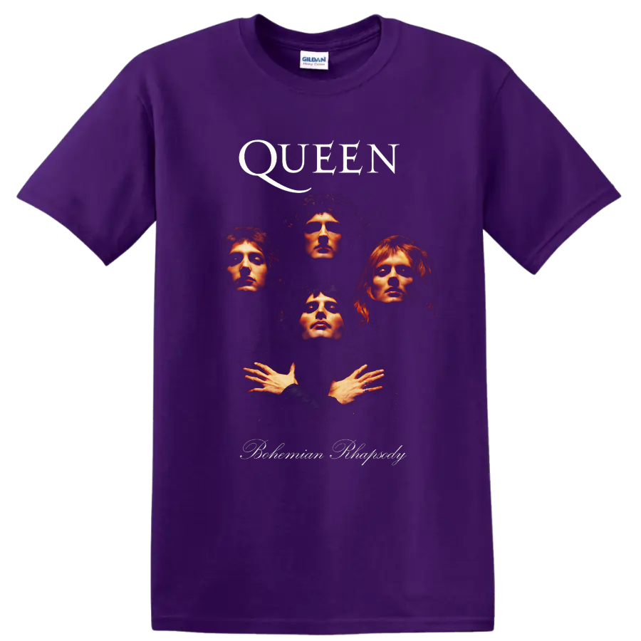 Queen Bohemian Rhapsody four-member portrait graphic with dramatic rock lighting on a Purple T Shirt