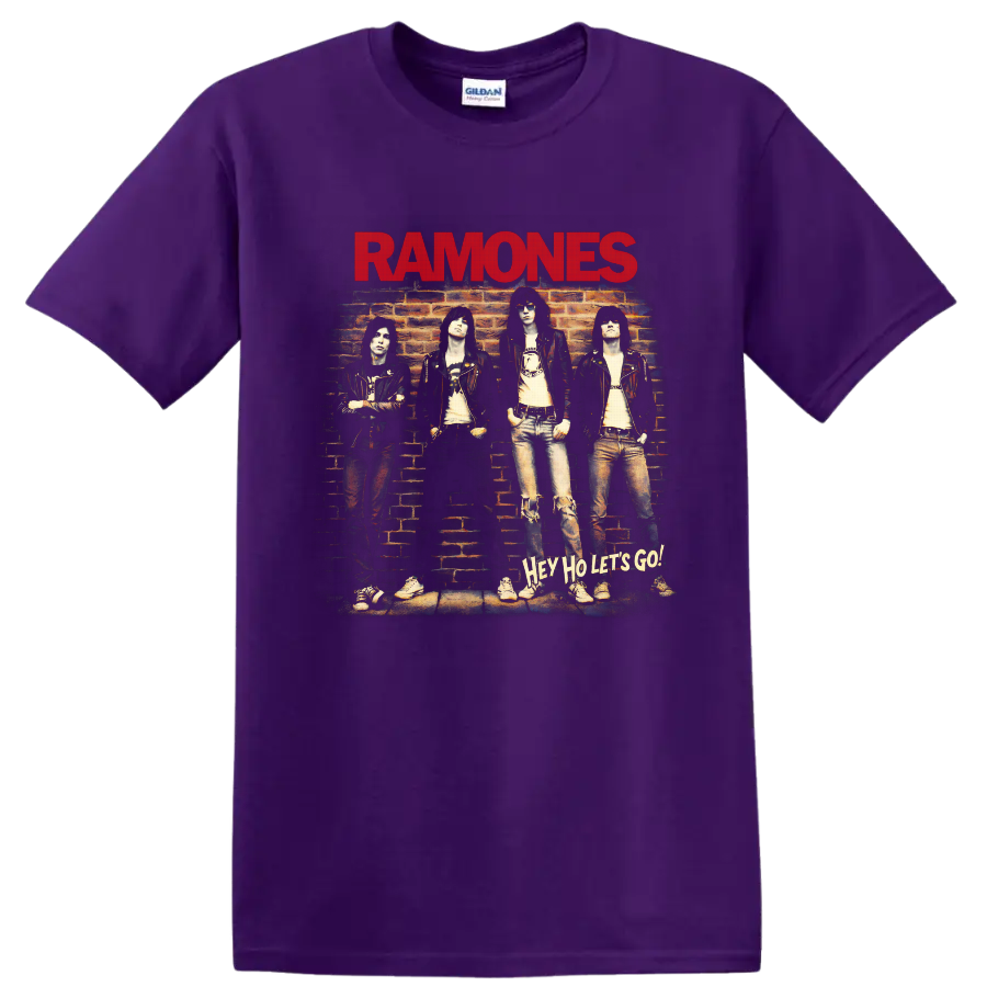 Ramones punk rock brick wall band portrait with red logo and Hey Ho Let’s Go text on a Purple T Shirt