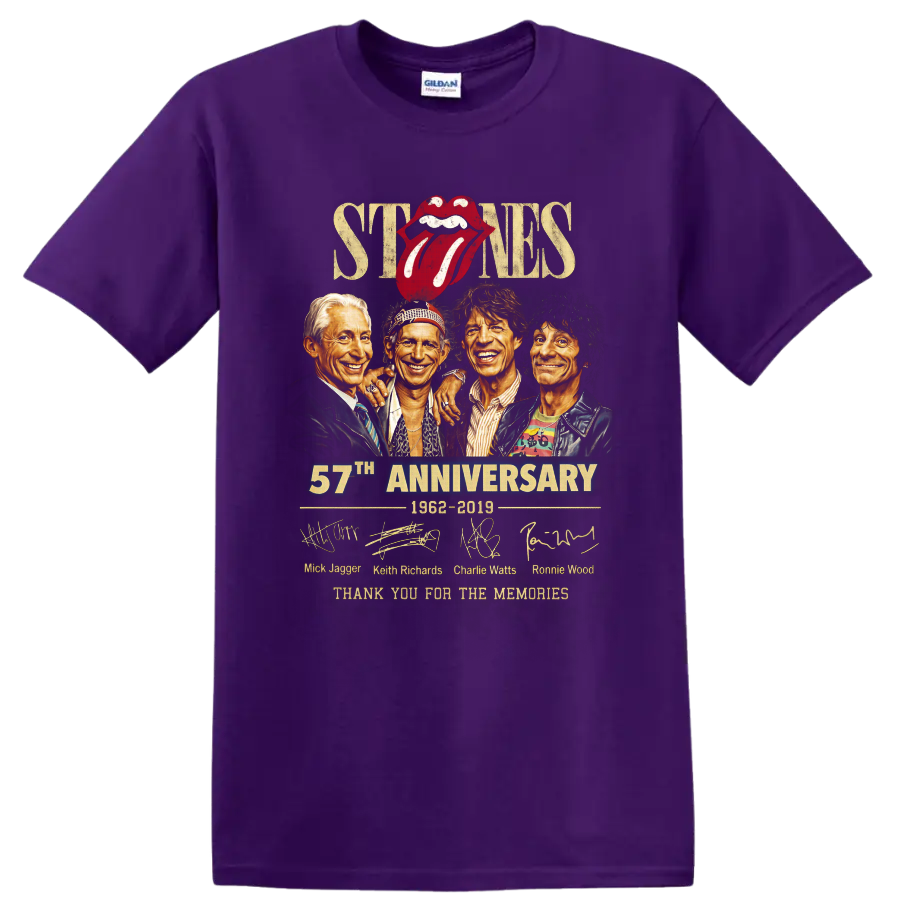 Rolling Stones anniversary portraits with red tongue logo, signatures, and 1962-2019 text on a Purple T Shirt