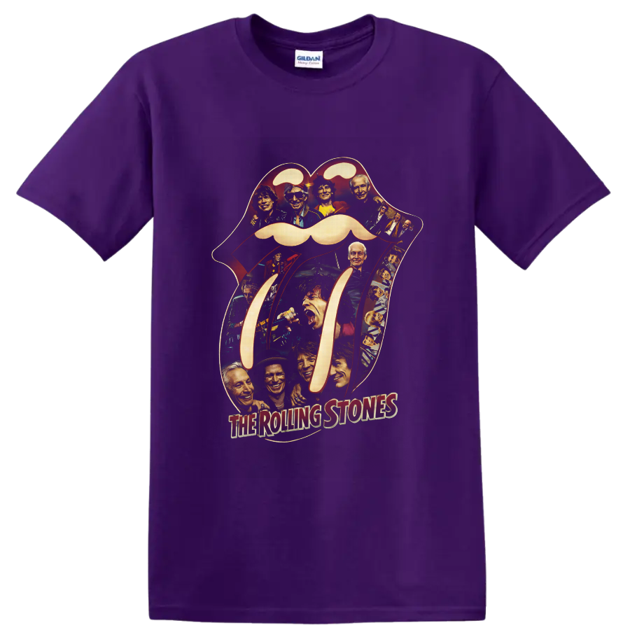 Rolling Stones tongue-and-lips logo collage with vintage band portraits on a Purple T Shirt