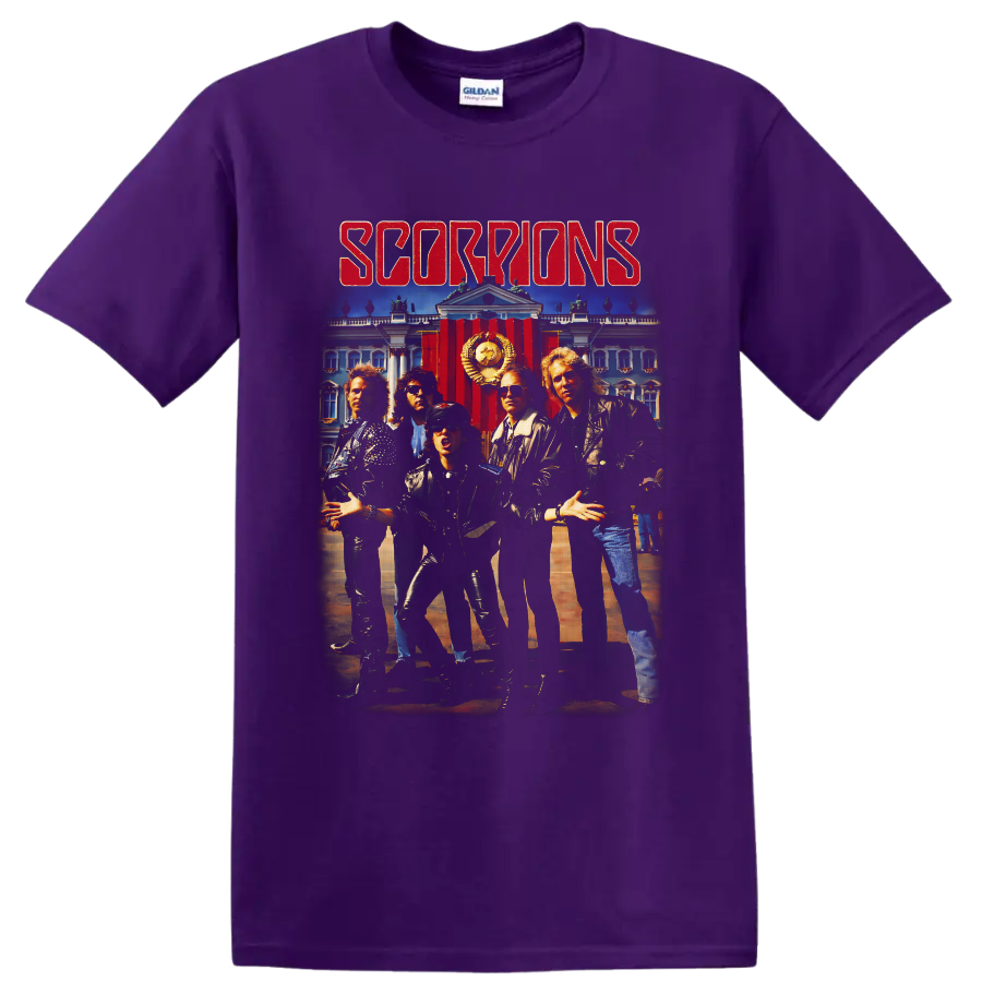 Scorpions band portrait with Soviet palace backdrop and distressed red lettering on a Purple T Shirt