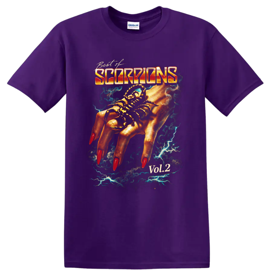 Scorpions Best of Vol. 2 scorpion hand graphic with lightning and smoke on a Purple T Shirt