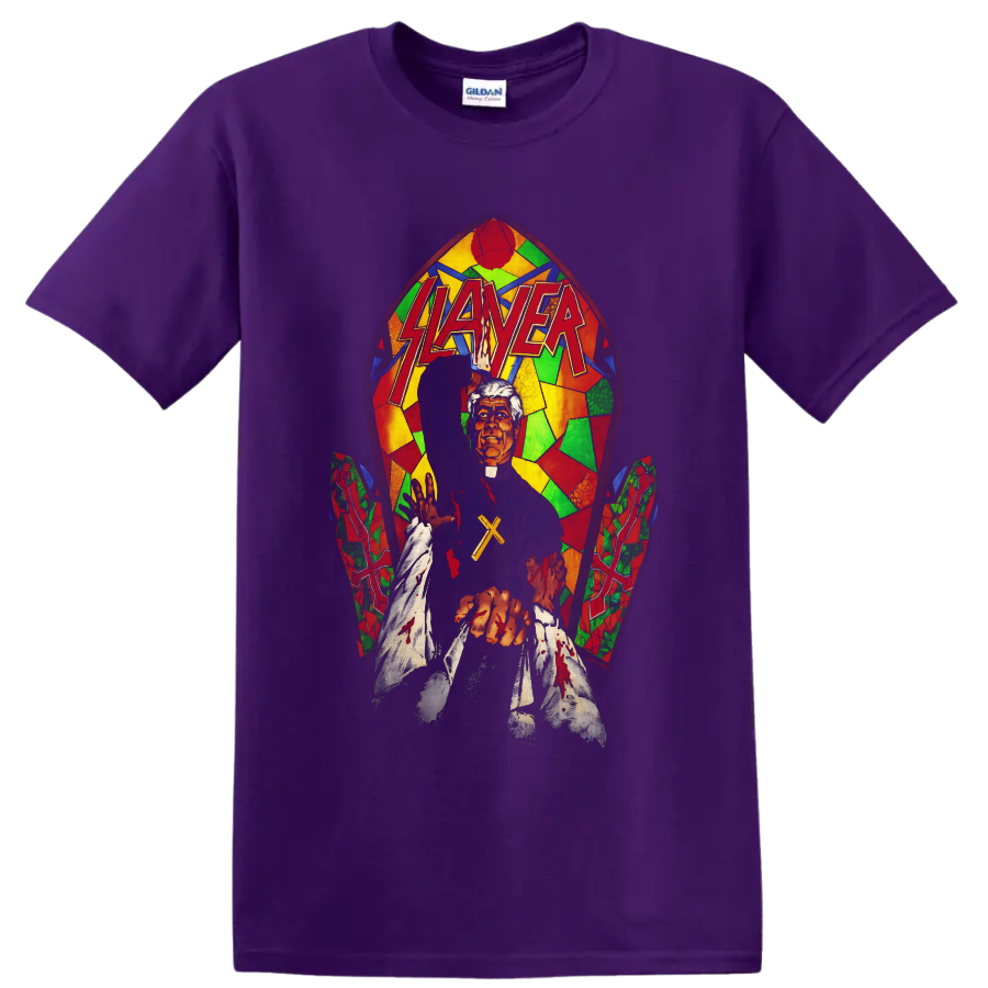 Slayer logo over gothic priest with cross, bloody hands, and colorful stained-glass art on a Purple T Shirt