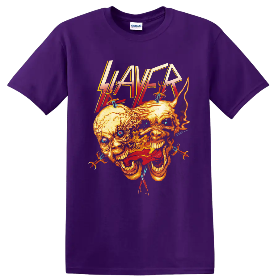 Slayer logo above fiery fused screaming skulls with spikes, wires, and blue eyes on a Purple T Shirt