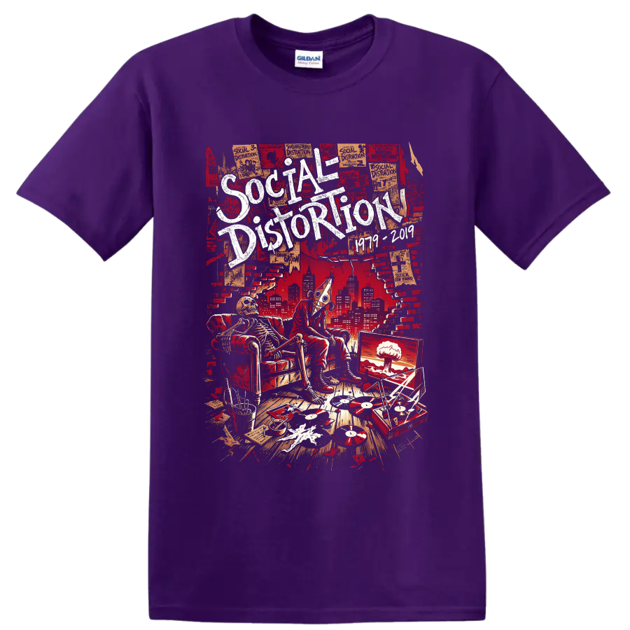 Social Distortion distressed punk poster with skeleton, vinyl records, turntable, and on a Purple T Shirt
