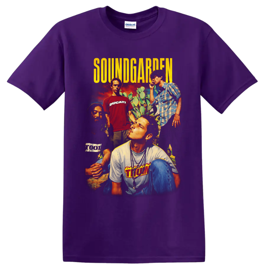 Soundgarden four-member desert portrait collage with distressed yellow lettering on a Purple T Shirt