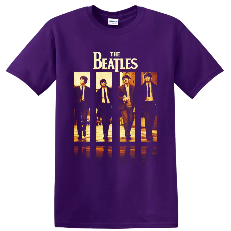 The Beatles four-panel warm-toned portraits with bold band lettering on a Purple T Shirt