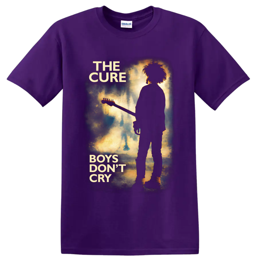 The Cure Boys Don't Cry guitarist silhouette in distressed teal and gold poster art on a Purple T Shirt