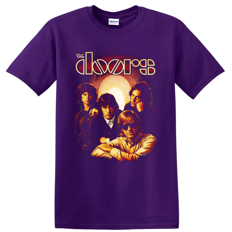 The Doors four-member retro portrait with glowing arch and stylized band lettering on a Purple T Shirt