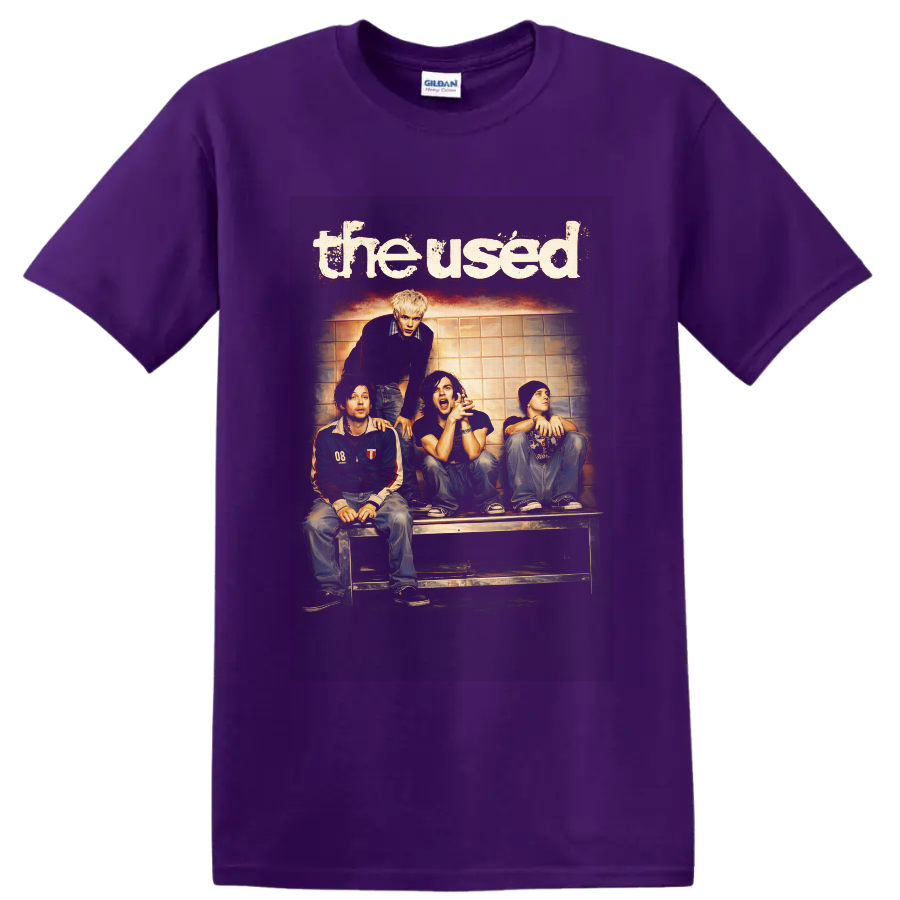 The Used four-member rock band portrait with distressed lettering and warm vintage photo on a Purple T Shirt