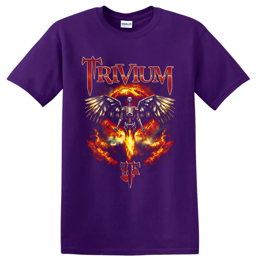 Trivium winged skeleton with fiery Ascendancy-inspired gothic artwork on a Purple T Shirt
