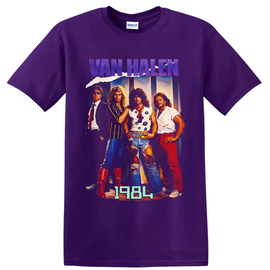 Van Halen 1984-era four-member rock band portrait with purple logo lettering on a Purple T Shirt