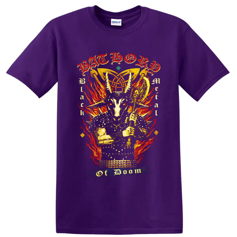 Bathory goat skull warrior with flames, occult knotwork, and gothic lettering on a Purple T Shirt