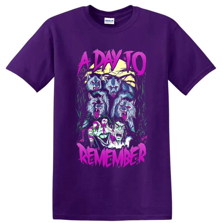 A Day To Remember neon horror graphic with snarling wolves, screaming faces, and pink on a Purple T Shirt