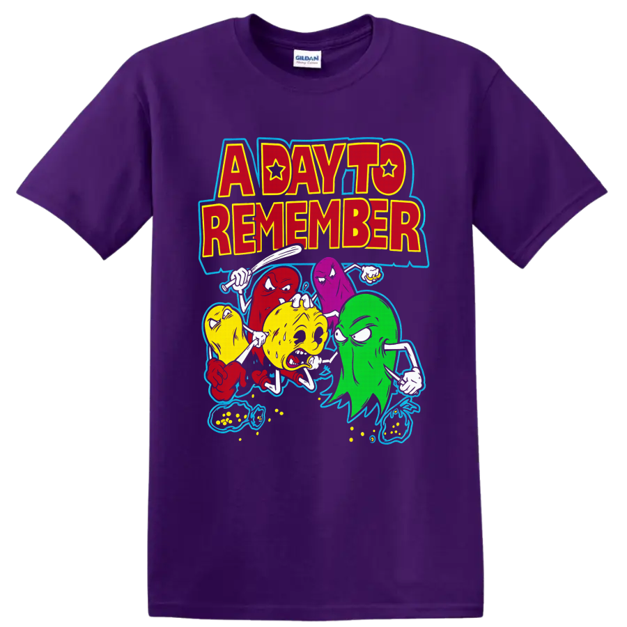 A Day To Remember lettering with colorful cartoon ghosts and distressed music art on a Purple T Shirt