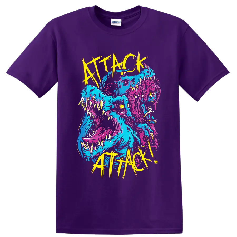 Attack Attack! neon multi-headed monster in cyan, pink, and yellow jagged horror art on a Purple T Shirt