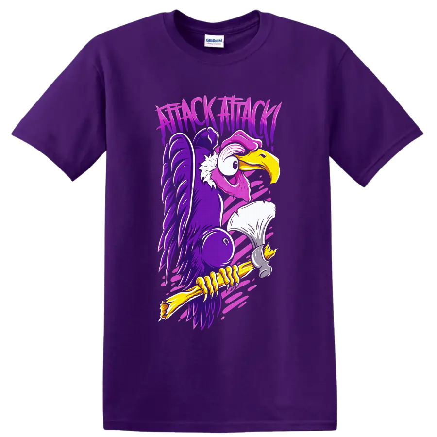 Attack Attack neon cartoon vulture with jagged lettering and pink motion streaks on a Purple T Shirt