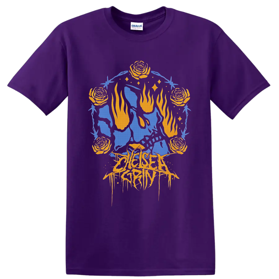 Chelsea Grin gothic graphic with orange roses, flames, blue figures, and thorny frame on a Purple T Shirt