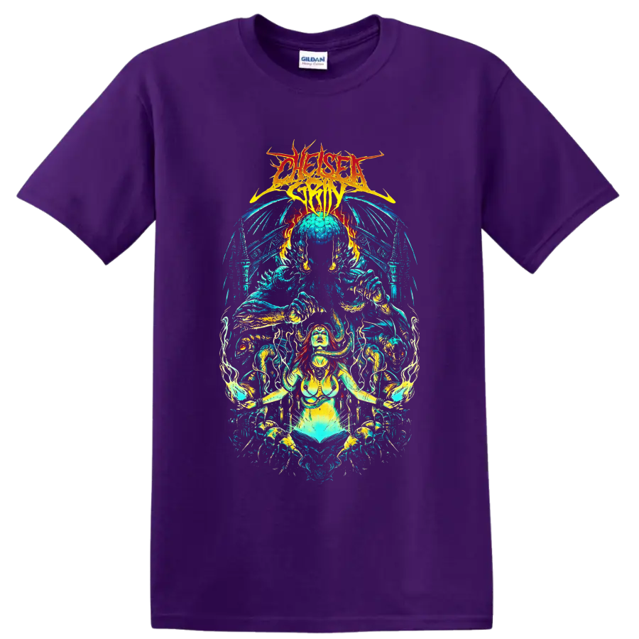 Chelsea Grin logo above psychedelic demon goddess, skeletal forms, flames, and waves on a Purple T Shirt