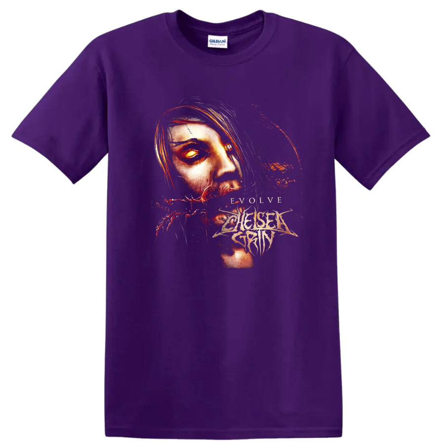 Chelsea Grin Evolve gothic face artwork with glowing eye, red splatters, and sharp logo on a Purple T Shirt