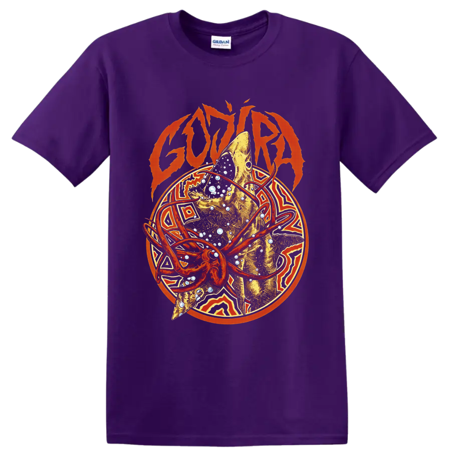 Gojira logo above a golden fish with orange orbital rings, bubbles, and geometric art on a Purple T Shirt