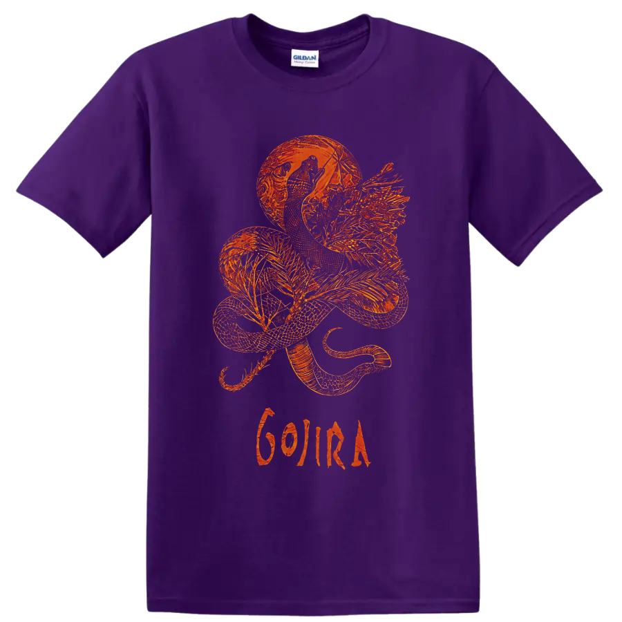Orange winged dragon beneath a moon with Gojira lettering in intricate fantasy line art on a Purple T Shirt