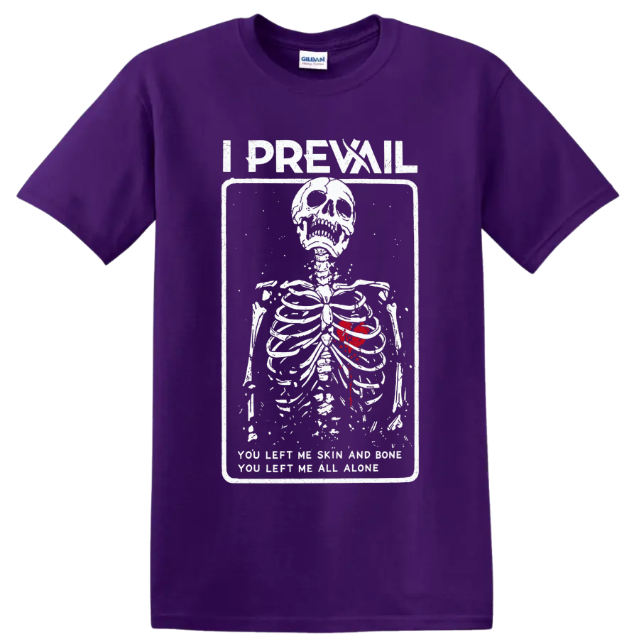 I Prevail skeleton with red heart and distressed Alone lyric graphic on a Purple T Shirt