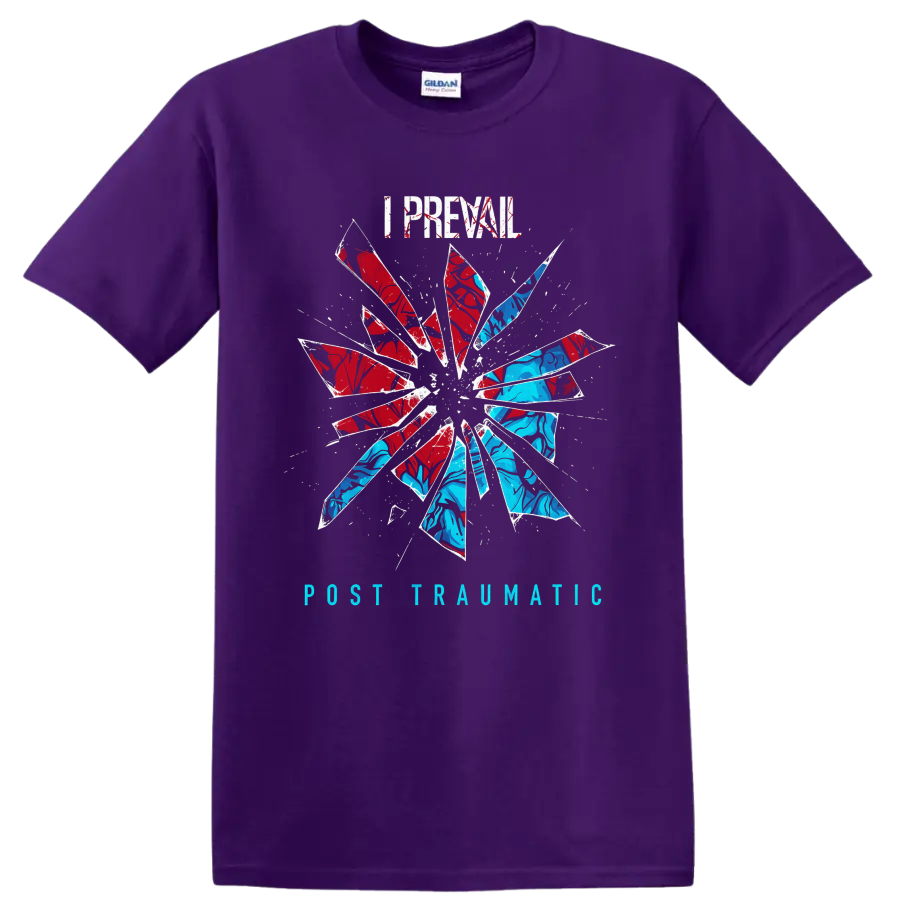 I Prevail Post Traumatic distressed text with red and blue shattered-glass burst on a Purple T Shirt