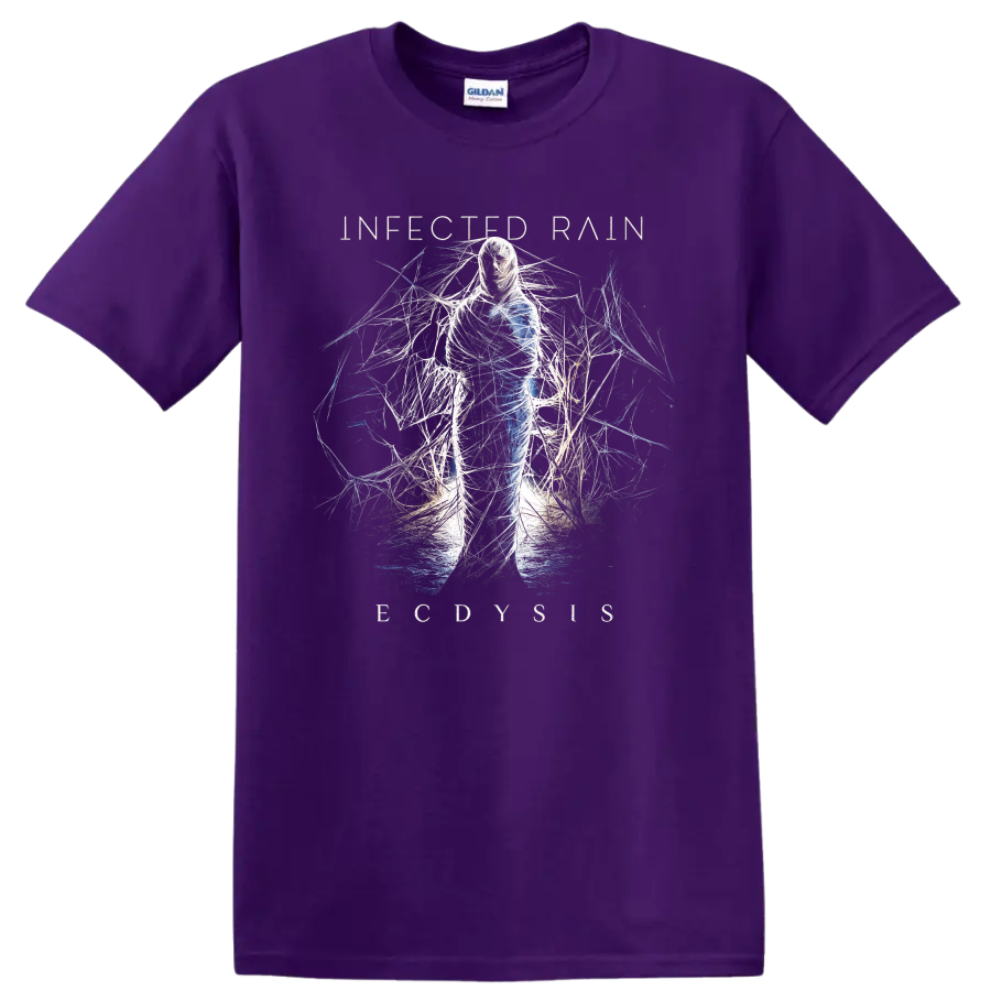 Infected Rain Ecdysis abstract figure wrapped in white and blue thread-like lines on a Purple T Shirt