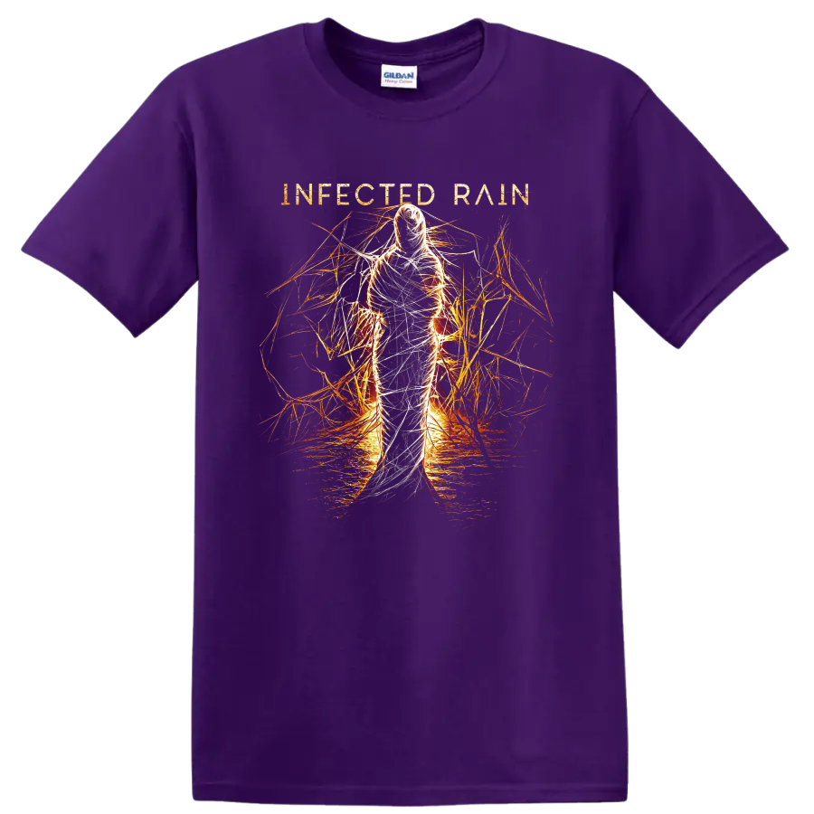 Infected Rain Ecdysis fire figure with white threads and fiery abstract linework on a Purple T Shirt